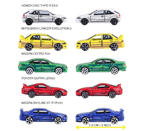 Image of Majorette JDM Legends Anime 5 Pieces Giftpack | 5 Metal Cars, 7.5 cm | Freewheel & Opening Parts | Honda Civic, Nissan Cefiro, Skyline GT-R, Toyota Supra, Lancer Evo | Anime-Style | for Children 3+