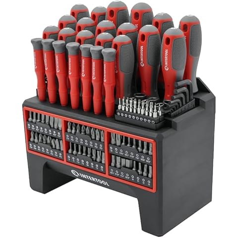 INTERTOOL 114-Piece Screwdriver Set with Mountable Rack, Magnetic Tips, Swivel-End Precision Screwdrivers, Bits, Nut Drivers, Hex Keys, DIY, Tool Gift VT08-3372 Cover