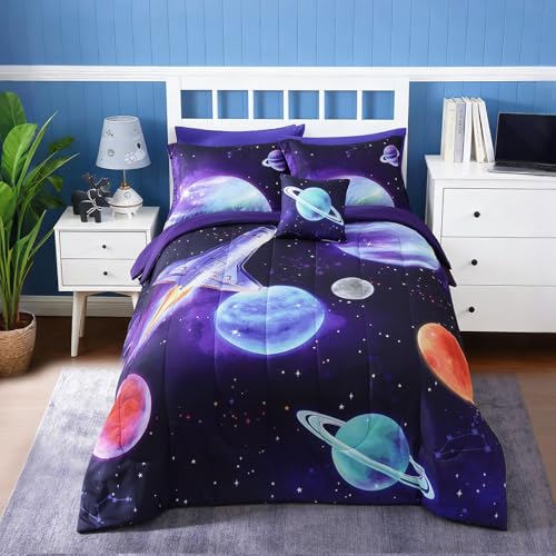 Kids Comforter Set Full Size for Boys, Rocket Bedding Sets, 4 Pieces Bed in A Bag with 1 Comforter, 1 Decor Pillow, 2 Pillow Shams