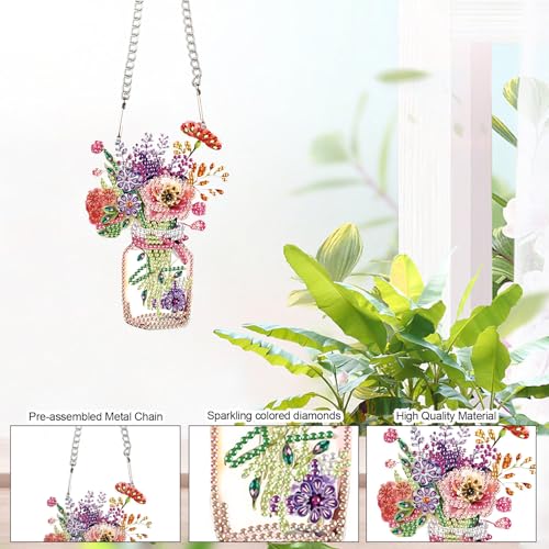 Image of Floral Jar Diamond Painting Hanging Ornament, DIY 5D Special Shaped Rhinestone Acrylic Pendant, Vase with Flowers Diamond Art Kit for Wall, Door, Window or Garden Decoration, Handmade Craft Gift
