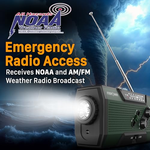 Image of FosPower NOAA Emergency Weather Radio A1 7400mWh Portable Power Bank, AM /FM, USB /Solar /Hand Crank Charging, Battery Operated, SOS Alarm & Flashlight for Indoor /Outdoor Emergency - Green