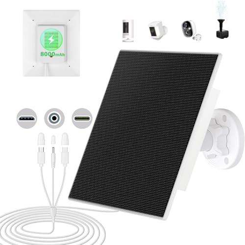 5W/5V Solarpanel mit eingebautem 8000mAh Akku, mit 3m langem 3-in-1-Ladekabel (Micro-USB, Typ-C und DC3,5x1,35 Stecker) für Überwachungskameras und Vogel-Fütterungskameras,Vogeltränke Stehend,IP65