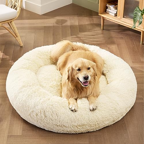 Image of Bedsure Calming XL Dog Bed Donut Washable Extra Large Pet Bed,45ins Ivory Beige