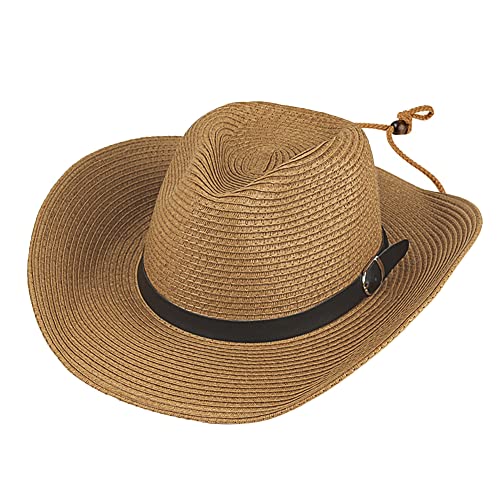 Strohhut Herren Cowboyhut Stroh Westernhut Faltbarer Panamahut mit Kinnriemen Breite Krempe Sonnenhut Anti-UV Sonnenschutz Strandhut Atmungsaktiver Sommerhut Strohkappe für Outdoor Strand Urlaub
