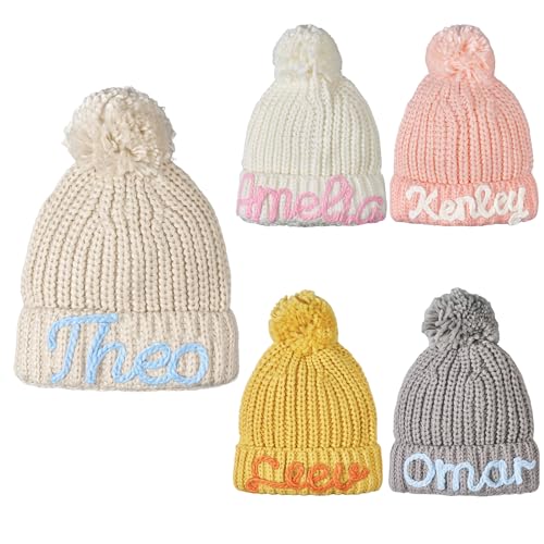 Custom Baby Beanie Hats, Personalized Hand Embroidered Knit Beanie with Name for Toddlers Girls Boys Kids White