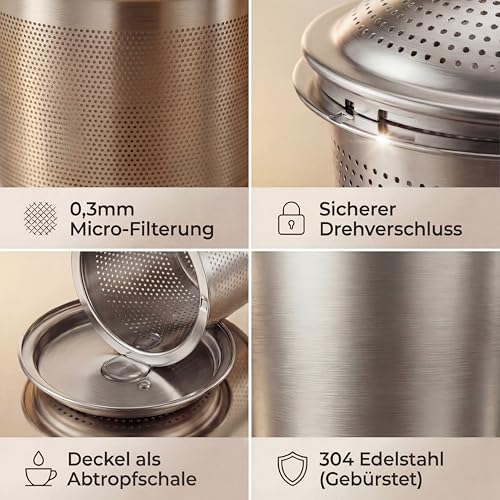 Teesieb 2er Set aus Edelstahl – Feines Sieb für losen Tee & Kräuter – Inklusive Abtropfschale & 11 cm Kette – Wiederverwendbar, spülmaschinenfest, BPA-frei – Perfekt für Tassen, Kannen & Thermobecher