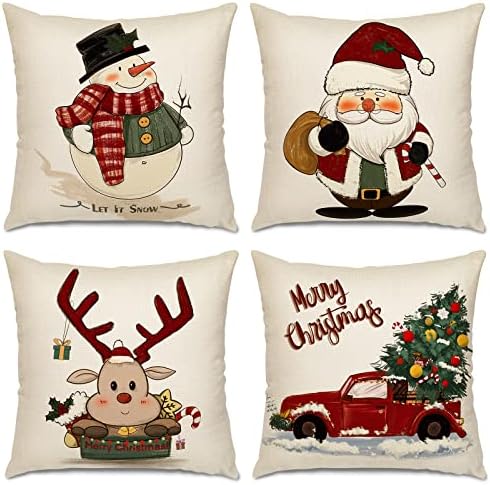 Jumlys Christmas Pillow Covers 18×18 Inch Set of 4, Throw Pillow Covers for Christmas Decorations, Pillowcase Printed with Santa, Snowman, Elk and Red Truck, Ideal Winter Holiday Decor for Home