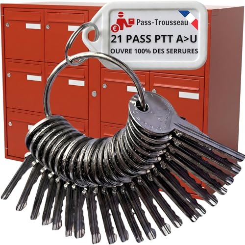 Trousseau 21 Clés Pass PTT Universel - Ouvre Serrures Boîtes aux Lettres & Immeubles (Norme La Poste) - Acier Nickelé - Clés du Facteur A à U incluant T10 F10