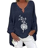  Onsoyours Chemisiers Femme Vintage Imprimé Chic Col en V Manches Longues Shirts Élégant Imprimé Tops Longue Blouses Casual Ample Hauts Tuniques J Marine L