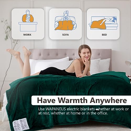 Image of Wapaneus Heated Blanket Electric Queen Size 84 inchx90 inch-Dual Control with 10 Heat Levels 12 Timer Settings and 8 Hours Auto-Shut Off,Fast-Heating Electric Blanket,ETL Listed Machine Washable,Green