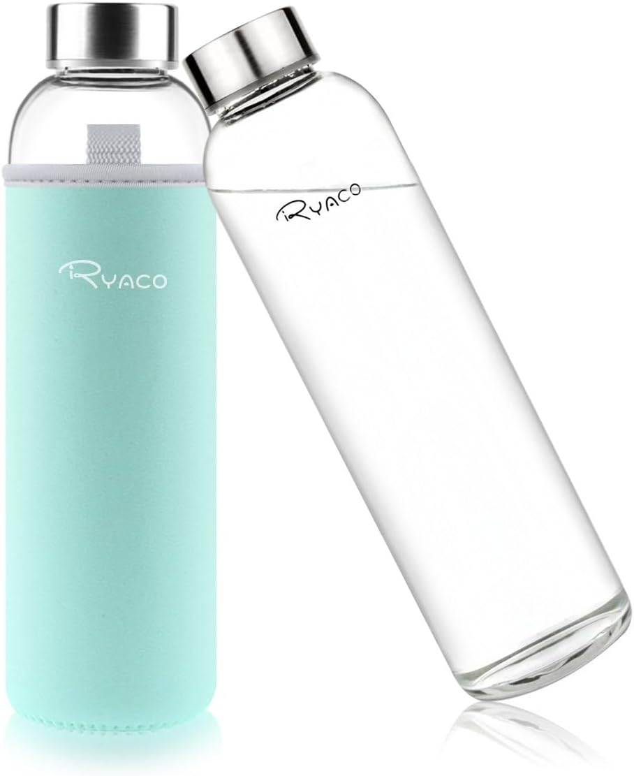 RYACO Glass Water Bottle 550ml/750ml/1000ml/1L,Borosilicate Glass Bottle with Neoprene Protective Case for Hot Cold Drinks,BPA-Free Leak Proof,Dishwasher Safe