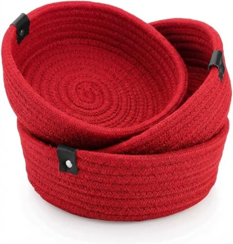 Image of 100% Natural Jute small box mini rope paper storage Round hamper baby nursery tray bucket for Living Kitchen, Drawing Room,fruits, kitchen, office, (red bowl)