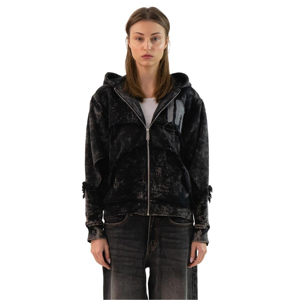 Women's Oversized Tie-Dye Zip-Up Charcoal Hoodie | Full Sleeve Hooded Sweatshirt with Kangaroo Pocket | Casual Streetwear Winter Jacket for Women-image-12