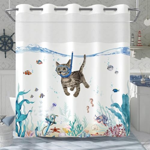Lifeella No Hook Shower Curtain with Snap in Liner, Funny Cat Nautical Animal Octopus Starfish Turtle Fish Curtains Set with Waterproof Inner Liner for Bathroom, Teal Blue Cute Sea Ocean 72×74 inches by Lifeella - Used condition - Image 8