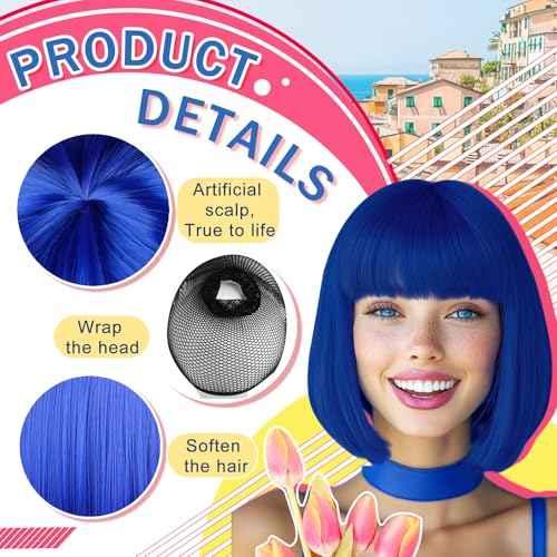 Image of LIULIUBTY Short Bob Hair Wigs Straight with Flat Bangs Synthetic Colorful Cosplay Daily Party Neon Wig for Women with Wig Cap 12 inch Natural As Real (Bob, Sapphire Blue)