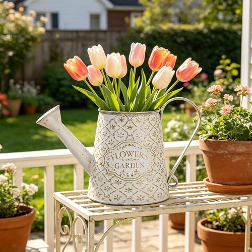 Vintage White Metal Flower & Garden Watering Can, Rustic Farmhouse Decorative Watering Pot Planter for Home Patio Backyard Outdoor Plant Care