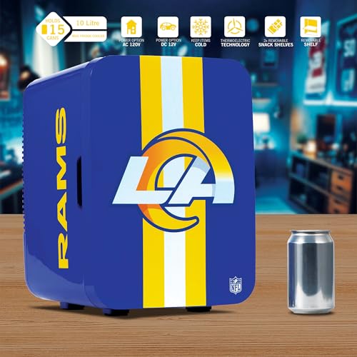 Image of Ukonic NFL Los Angeles Rams 15-Can Mini Fridge 10L - AC /DC Powered, Official Team Colors & Logo, Portable Cooler for Tailgates, Home, Office, or Car