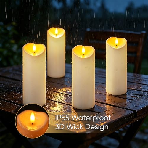 Image of Raycare 8 inchx3 inch Outdoor Waterproof Flameless Candles with Remote and Timer, Battery Operated LED Electric Fake Pillar Candle for Home Wedding Decor, Ivory White, Set of 4