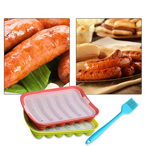 Akamino Silicone Baking Mold with Brush Non-Stick Silicone Sausage Mold for Microwave DIY Homemade Hot Dogs Red&Green - 2 Pack