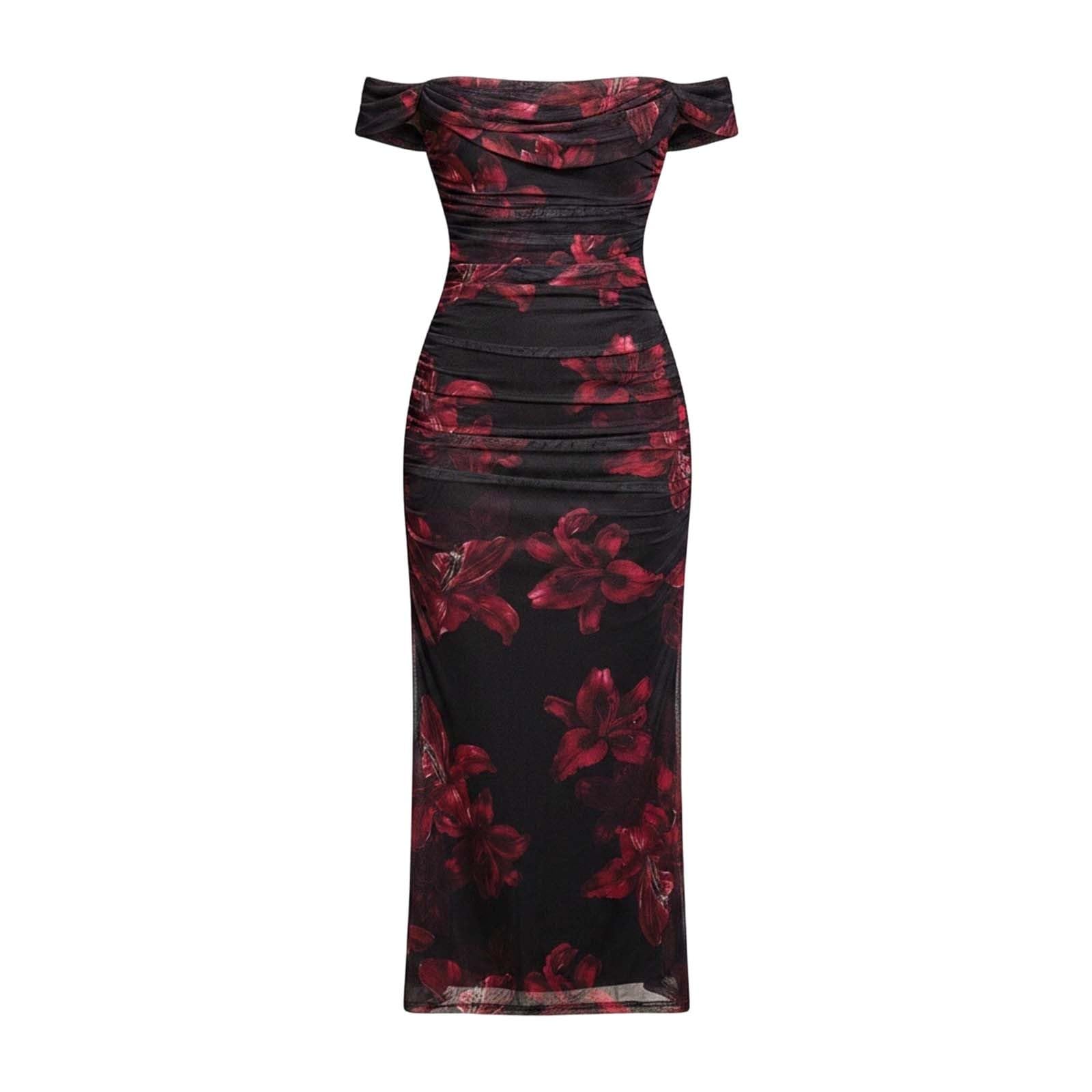 Casual Bodycon Long Dress with Fishbone Mesh Design Off Shoulder Ruched Backless Slim Fit Evening Gown