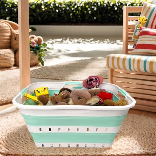 SAMMART 42L (11 gallon) Collapsible Plastic Laundry Basket - Foldable Pop Up Storage Container/Organizer - Space Saving Hamper/Basket (1, White/Light Green)