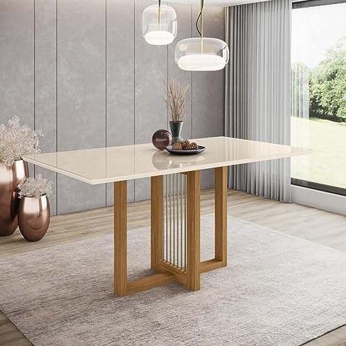 Mesa de Jantar 6 Lugares 160cm Tampo MDF e Vidro Canto Reto Natalí Nature/Off White