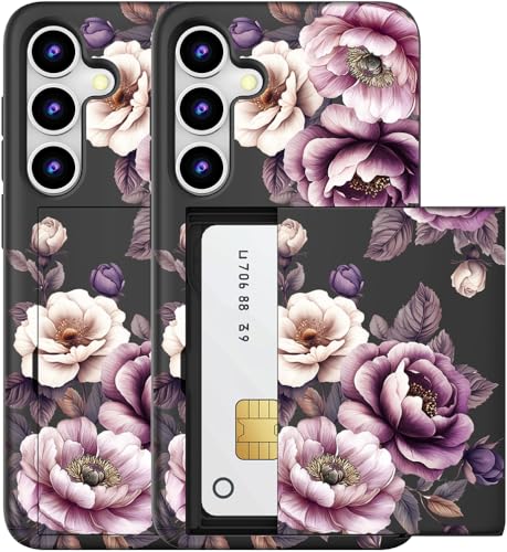 MUQR Compatible for Samsung Galaxy S24 / S25 Case with Card Holder Cute - Kawaii Design Military-Grade Drop Protection Rugged Wallet Cases for Women (Black Pink Roses Flowers)
