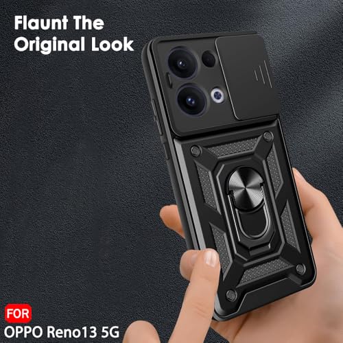 Image of TheGiftKart Tough Armor Bumper Back Cover Case for Oppo Reno 13 5G | Sliding Camera Cover, Kickstand & Ring Holder | 360 Degree Protection Back Cover Case for Oppo Reno13 5G (PC & TPU, Black)