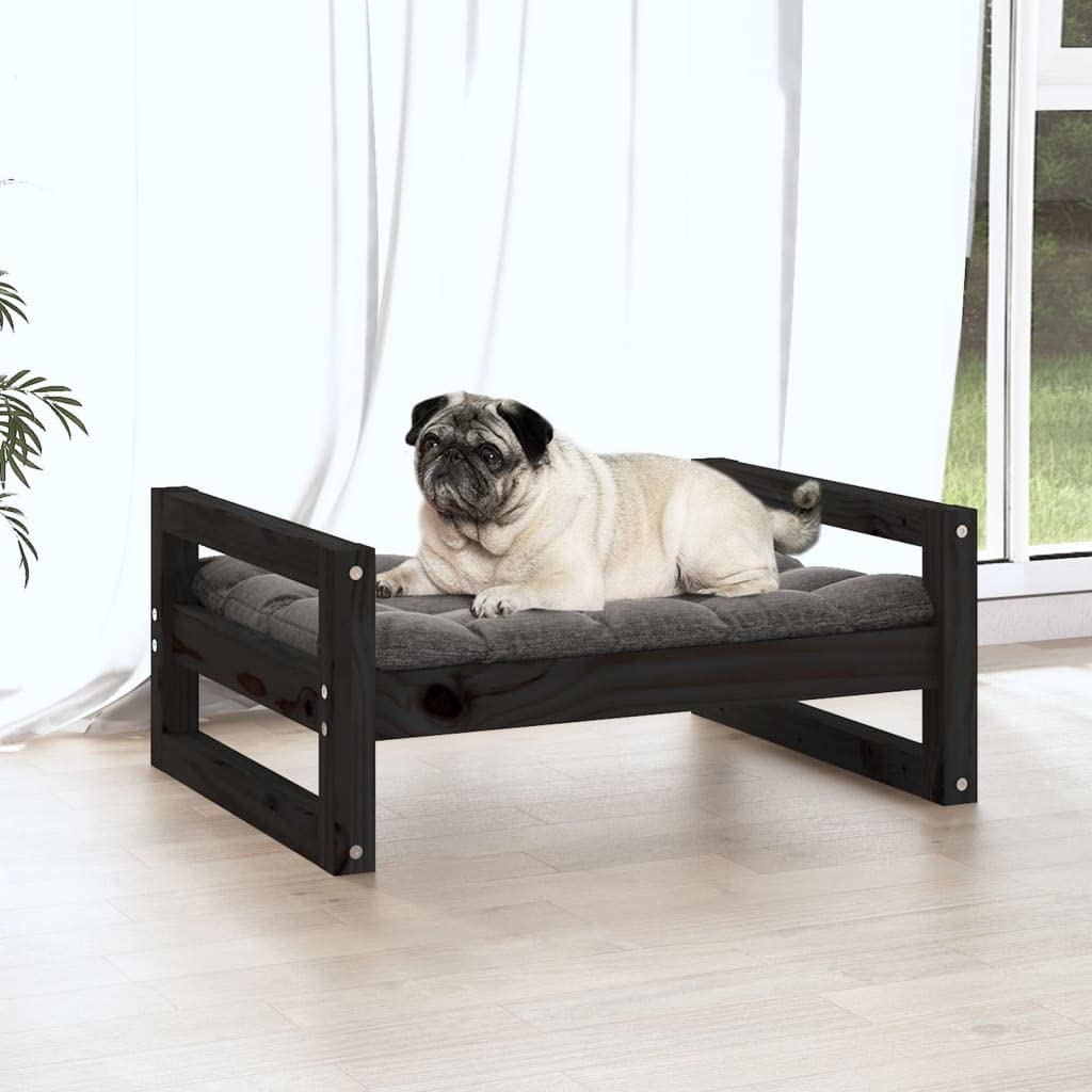 Cuccia per cani nera, 65,5 x 50,5 x 28 cm, in legno massello di pino con cuscino lavabile, per interni ed esterni, per cuccioli e animali domestici