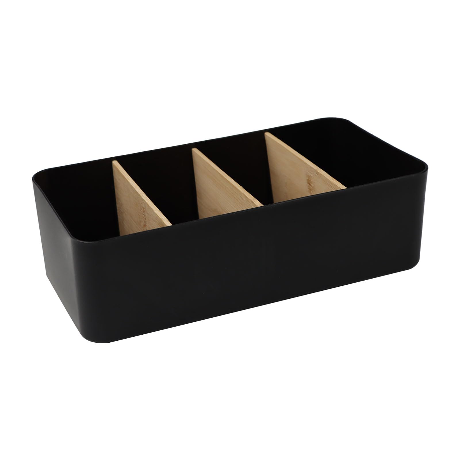 YIWONFU Organizador Escritorio Madera, 4 Compartimentos Organizador de Escritorio de Bambú Multiusos Organizador Mando a Distancia para Bolígrafos, Notas Adhesivas, Gafas, Tijeras(Negro)