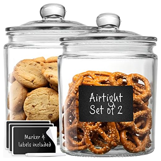 Glass Canister Set for Kitchen Counter + Labels & Marker - Set of 2 - Glass Cookie Jars with Airtight Lids - Food Storage Containers with Lids Airtight for Pantry - Flour, Sugar, Coffee, Cookies, etc.
