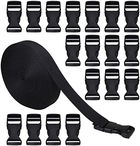 RETON 20mm Wide 10 Yards Black Nylon Webbing Strap + 20 PCS Adjustable Buckles Plastic Side Release Buckles for Repairing Backpack Pet Collar Making DIY Luggage Strap and Outdoor Supplies.