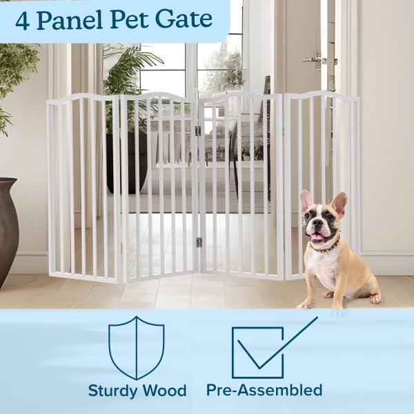 Pet Gate - 4-Panel Indoor Foldable Dog Fence for Stairs, Hallways, or Doorways - 72x32-Inch Wood Freestanding Dog Gates by PETMAKER (White) by PETMAKER - Image 4
