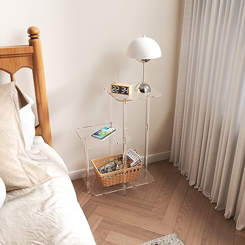 Eglaf Acrylic 3 Tiers Side Table - Square Step End Table - Clear Nightstand Small Bedside Table Accent Entryway Table, for Living Room, Bedroom, Hallway, 17\'\' L x 10\'\' W x 23.5\'\' H