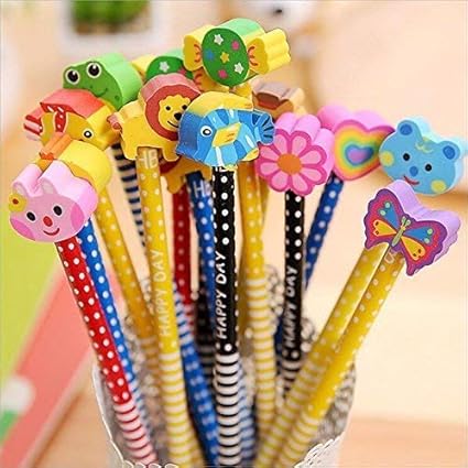 Kidivo Colorful Birthday Fun Pencil Set with Cartoon Rubber Eraser for Kids (Pack of 12)
