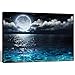 Sea Charm - Modern Canvas Wall Art Large Full Moon in Cloud Landscape Picture Canvas Prints with Frame,Blue Clear Ocean Seascape Giclee Artwork (24"x36")