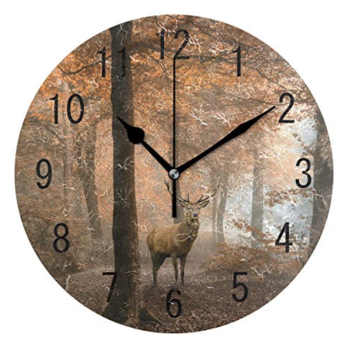 Alaza Home Decor Foggy Autumn Forest Deer Round Acrylic 9.5 Inch Wall Clock Non Ticking Silent Clock Art For Living Room Kitchen Bedroom #TOP24