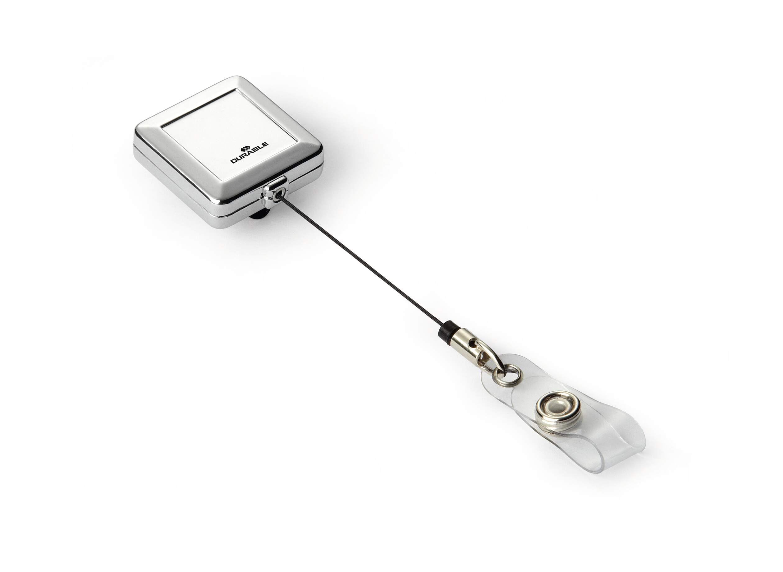 Durable 832523 - Chiocciola yo-yo cromata quadro, aggancio a clip, fascetta trasparente con bottone, argento metallizzato, confezione da 10 pezzi