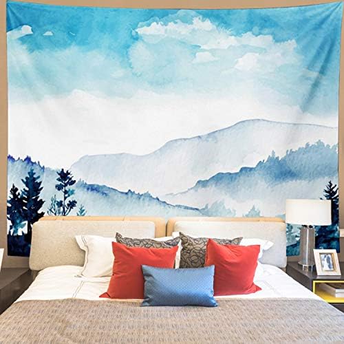 Gusatanhati Mountain Tapestry Blue Forest Tapestry Wall Hanging Watercolor Tapestry Nature Landscape Tapestry Ink Painting Tapestry Misty Tree Wall Tapestry for Living Room Home Decor