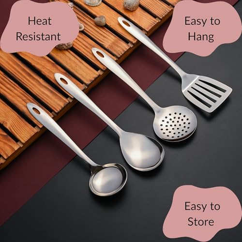 Image of Montavo by FnS 4 Pieces Stainless Steel Serving Tools Set | Soup Ladle, Skimmer Turner, Slotted Turner & Veg Serving Spoon | Food Grade Kitchen Utensil Set for Home & Dining