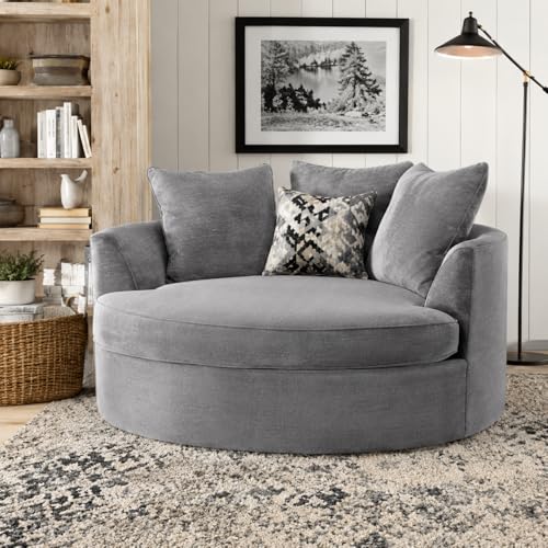 Image of Moder Barrel Chair Accent | with Pillows Round Oversize Arm Cozy Club for Bedroom, Living Room, Lounge, Hotel & Office (Grey)