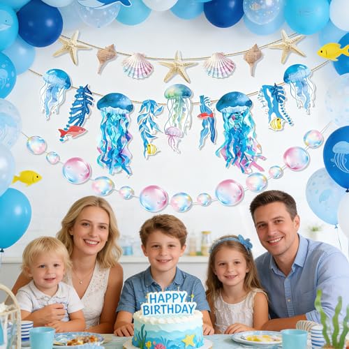 Image of SUNBEAUTY Starfish Seashell Banner Under The Sea Party Decoration Jellyfish Hanging Garland 9.8ft Blue Bubble Garlands for Ocean Beach Theme Birthday Decor Mermaid Summer Party Decor