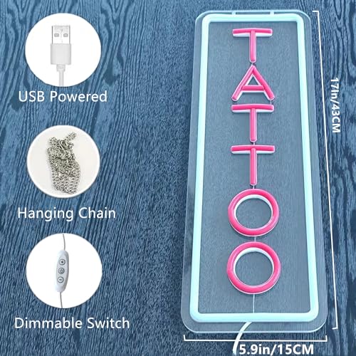 Image of Dimmable Tattoo Neon Sign,LED Reusable Neon Signs,Arylic Ice Blue Tattoo Shop Sign with Dimmer for Tattoo Salon, Studio, Shop Plaque,Tattoo Gifts for Friends,17x6in(Ice Blue+Red)