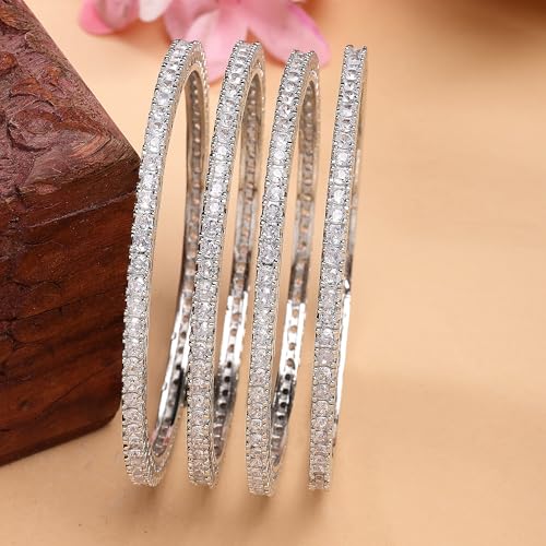 Image of ZENEME Jewelry Rhodium Plated Brass Silver Toned Set Of 4 American Diamond Gold Plated Bangles For Women and Girls