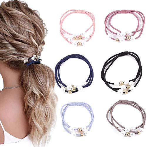Obmyec Pearl Hair Ties Hair Scrunchies Elastic Hair Bands Ponytail Holder Hair Accessories for Women and Girls (6pcs)
