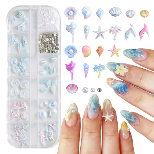 FSpronail 3D Aurora Ocean Nail Charms Summer Beach Nail Resin Charms Set with Shells Conchs Starfish Pearls Gems Caviar Beads Jewelry for Women DIY Professional Nail Art Decorations Accessories Set