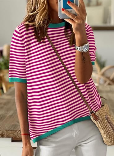 Image of Dokotoo Womens Tops 2026 Casual Summer Crewneck Short Sleeve Striped Color Block Knit High Low Trendy Pullover Sweaters