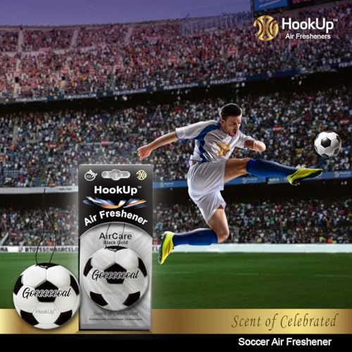 Soccer Car Air Freshener by HookUp - 10 Pack - Black Gold Scent (Extra Strong) | Unique Soccer Gift for Players, Coach, Fans | Hanging Car Accessory with Long Lasting Fresheners Smell