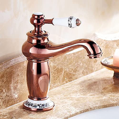 TONPOP Rubinetti vintage per lavabo da bagno, miscelatore per lavabo in ottone Rubinetti per lavabo acqua calda e fredda, rubinetto per lavabo monocomando monoforo, antico (oro ros