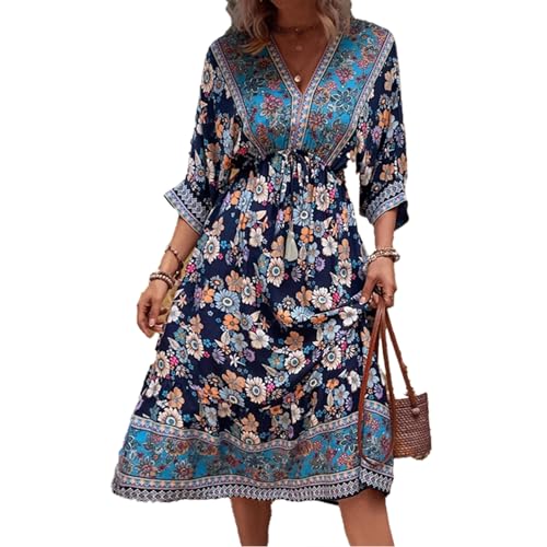 FQFGGYD Boho Dresses for Women Summer Flowy Midi Dress Beach Sundress Bohemian Floral Prom Dress V-Neck Wedding Guest Dresses Navy